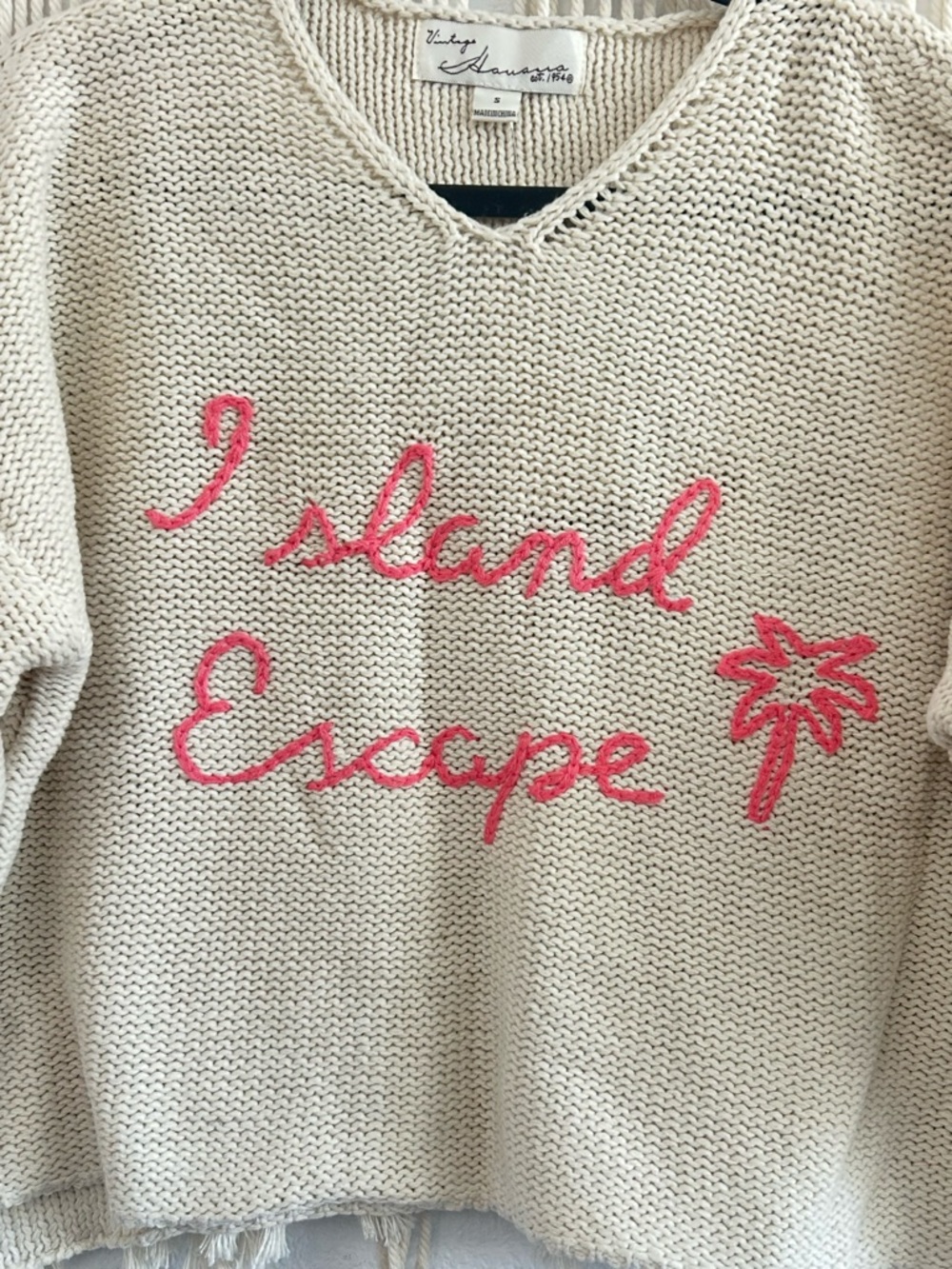 Vintage Havana Cream 'Island Escape' Knit Sweater with Pink embroidered Script - Picture 7 of 7